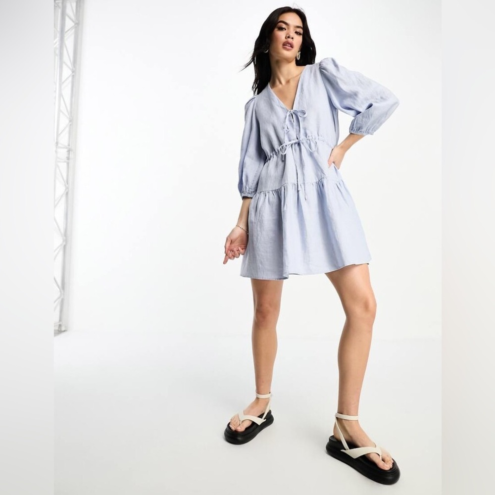 & Other Stories linen tie detail mini dress in blue